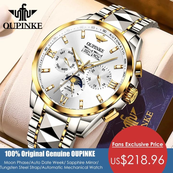 OUPINKE Automatic Mechanical Watch for Men Luxury Top Brand Sapphire Mirror Waterproof Moon Phase Men's Business Wrist Watches
