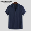 INCERUN Men Shirt Solid Color Cotton Stand Collar Short Sleeve Breathable Blouse Street Casual Men Brand Shirts Camisa Harajuku.