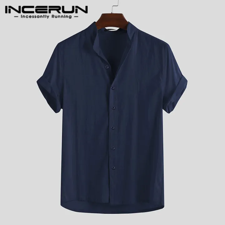 INCERUN%20Men%20Shirt%20Solid%20Color%20Cotton%20Stand%20Collar%20Short%20Sleeve%20Breathable%20Blouse%20Street%20Casual%20Men%20Brand%20Shirts%20Camisa%20Harajuku%20-%20Image%202