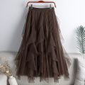 Big Ruffles Tulle Skirt Womens Autumn Winter High Waist Elegant Pleated Skirts Female Korean Fashion Casual Mesh Skirt.