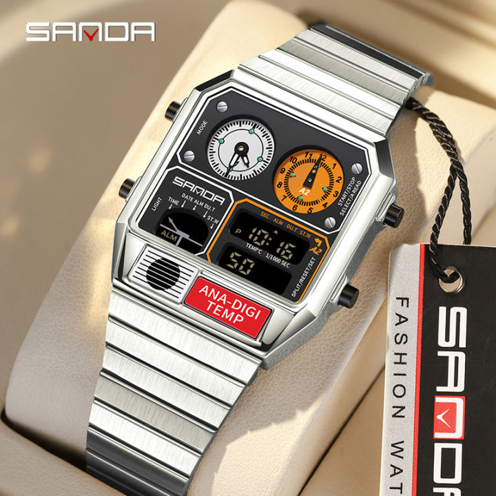 Sanda Retro Trendy Punk Dual Display Luminous Waterproof Electronic Quartz Men's Watch SD3192-3