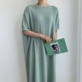 Women Summer Casual Oversized Straight Long Dress Batwing Sleeve Round Collar Pullover Solid Color Midi Dresses. 