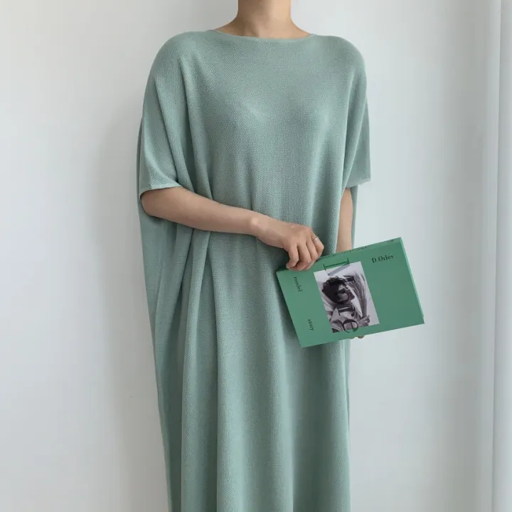 Women%20Summer%20Casual%20Oversized%20Straight%20Long%20Dress%20Batwing%20Sleeve%20Round%20Collar%20Pullover%20Solid%20Color%20Midi%20Dresses%20-%20Image%202