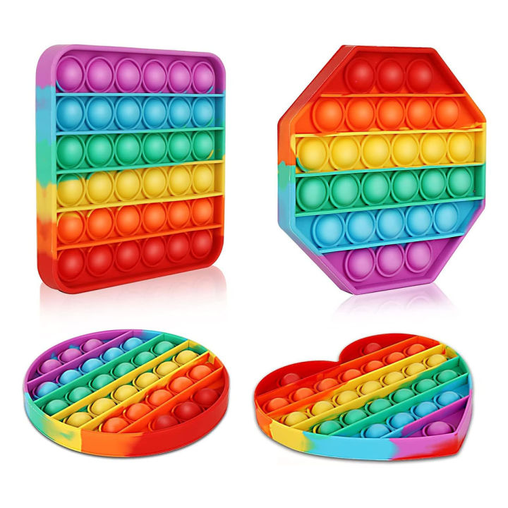 Multipurpose 1 pcs Rainbow Pop it Fidget Toy, Bubble Sensory Toy for Kids and Adults, Stress Reliever, 4 different Shapes Poppers-Heart, Circle, Octagon, Square Pressure Reliving (Any Design)