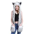3 In 1 Women Men Fluffy Plush Animal Wolf Leopard Hood Scarf Hat with Paws Mittens Gloves Thicken Winter Warm Earflap Bomber Cap. 