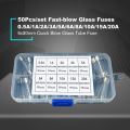 50PCS 6x30mm Fast Blow Glass Fuse Assorted Mixed Kit Insurance Tube 0.5A-20A - Transparent.