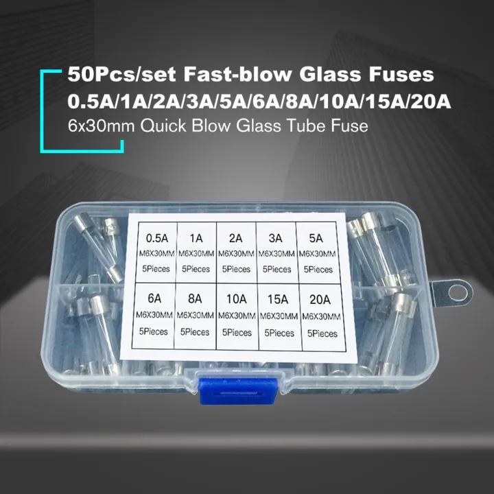 50PCS%206x30mm%20Fast%20Blow%20Glass%20Fuse%20Assorted%20Mixed%20Kit%20Insurance%20Tube%200.5A-20A%20-%20Transparent%20-%20Image%203