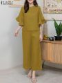 Fashion Solid Suit Woman Half Sleeve Boatneck Blouse Wide Leg Pants 2pcs Casual Street Matching Sets Elegant OL Tracksuit. 