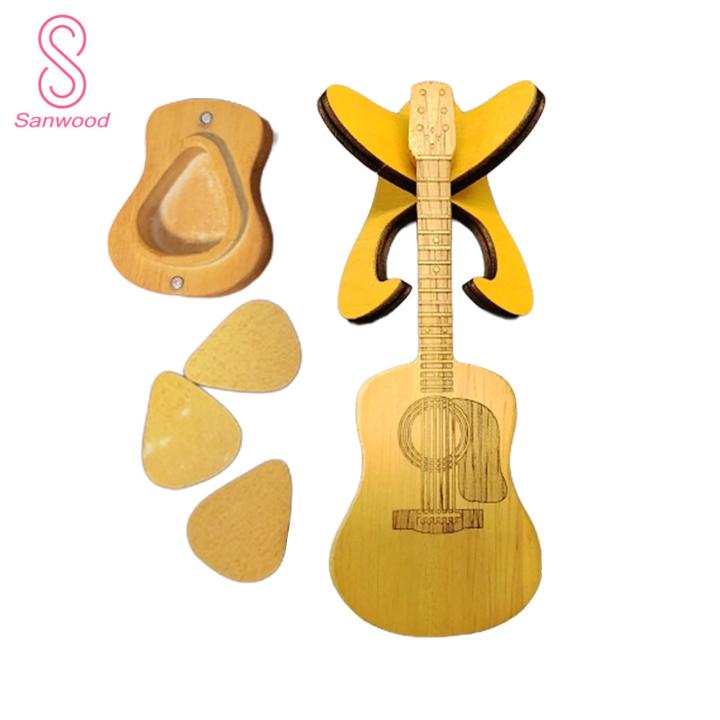 Wooden Pick Box Handcrafted Wooden Guitar Pick Box with Stand Engraved Storage Case for Guitar Picks Perfect Gift for Musician Guitar Pick Case