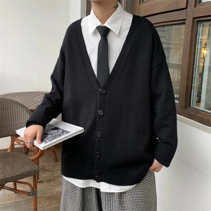 Cardigan%20Men%20V-neck%20Simple%20Solid%20Loose%20Autumn%20Newly%20Fashion%20Kpop%20Vintage%20Outwear%20All-match%20Leisure%20Chic%20Preppy%20Style%20Knitted%20Ins%20-%20Image%202