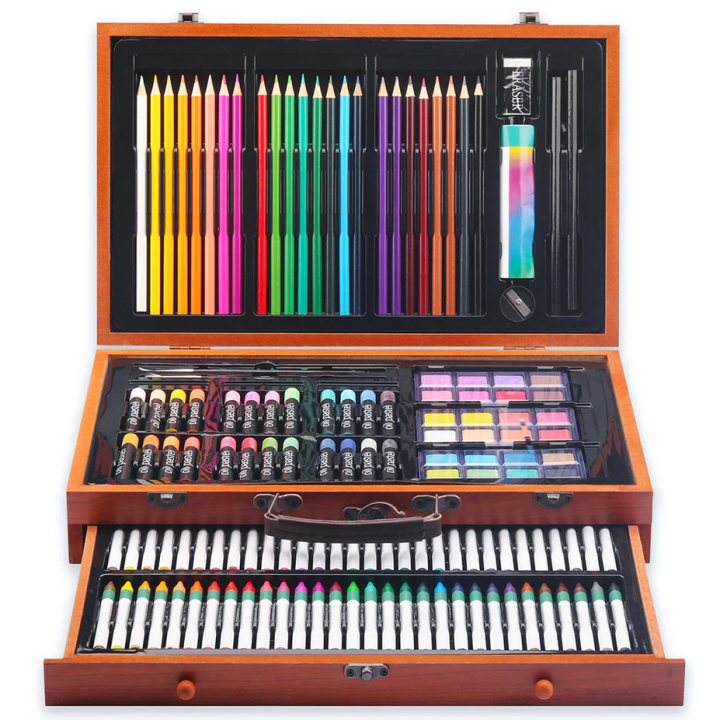 KALOUR  Drawing Stationery 142 Pieces Wooden Box Children's Painting Set Oil Pastel Crayons Pencil Set Art Supplies