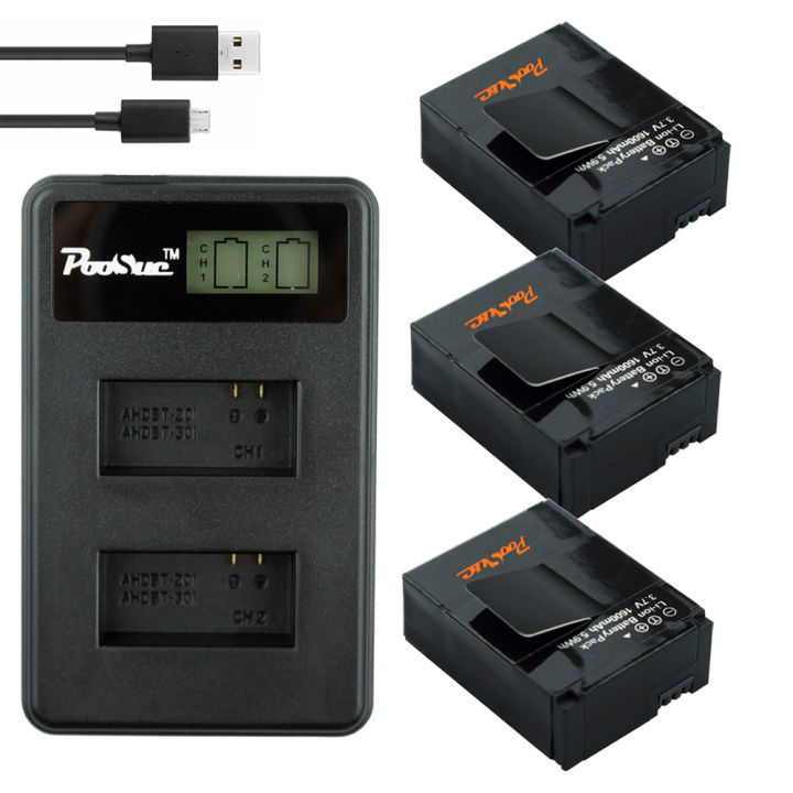 1600mAh AHDBT-301 AHDBT-302 Batteries + LCD Dual Charger For GoPro Hero 3+ Go Pro Hero3 Plus Action Camera