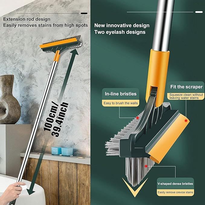 3 in 1 Tiles Cleaning Brush, Bathroom Brush with Long Handle, 180° Rotate Bathroom Floor Cleaning