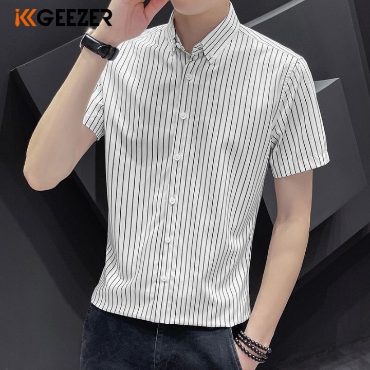 Shirt Men Stripes Summer Short Sleeve White Black Dress Tuxedo Formal Shirt  Slim Fit Spring Business Shirts Fashion Dropshipping | Daraz.com.bd