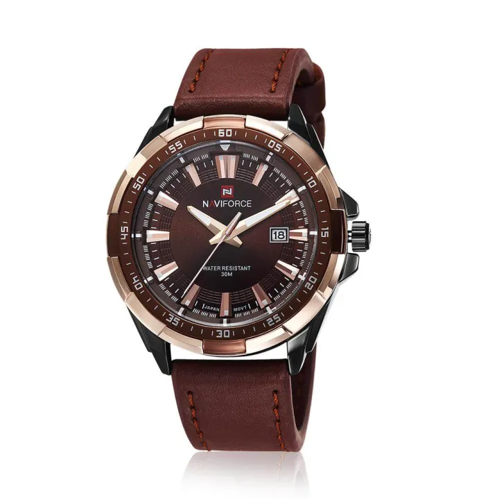 Naviforce belt male table army table imported from Japan quartz watch foreign trade watch calendar (Dark red)