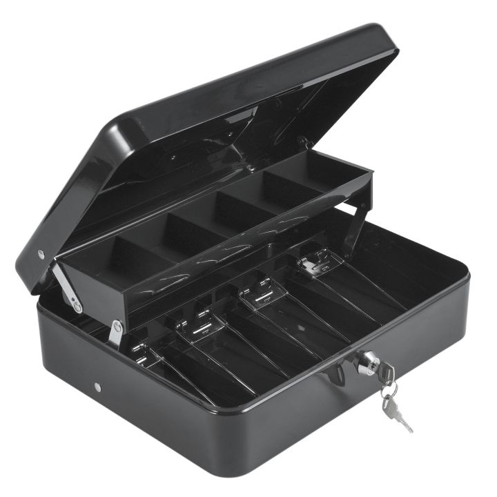 Cash Box Metal Money Box with 5 Coin Trays Cantilever Design & 4 Bill Slot with Spring Clips to Organize and 2 Keys Lock Safe Box Suitable for Valuables 11.8x9.44x3.54in Size