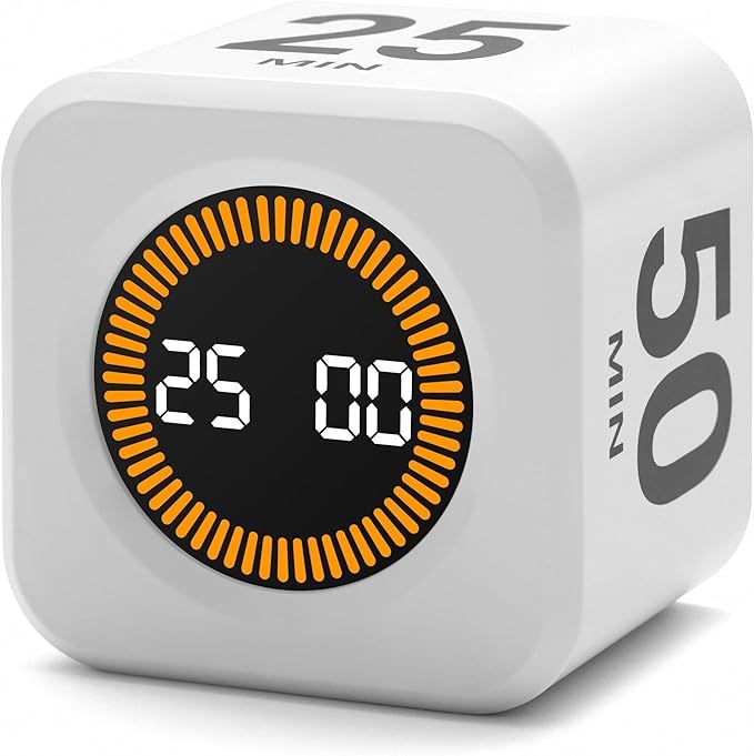 Promodoro Rotating Productivity Timer 5, 25, 10, 50 Minutes Preset, Desk Cube w/Gravity Sensor for ADHD, Mute Functions, Ideal for Work, Study, Kitchen, Back to School (White)