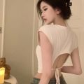Pure Desire Wind Backless Tight High Waist Short Sleeve T T-shirt Women's Black Hot Girl Tied Slim Fit Chic Short Top New. 