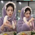 Winter star with the same cute purple little monster velvet thickened and lengthened warm bathrobe pajama pants loungewear. 