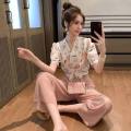Summer Korean Style Chiffon Short Sleeve New Fashion Outfit Women's Temperament Leisure Wide Leg Pants Cropped Pants Two-Piece Suit Fashion. 