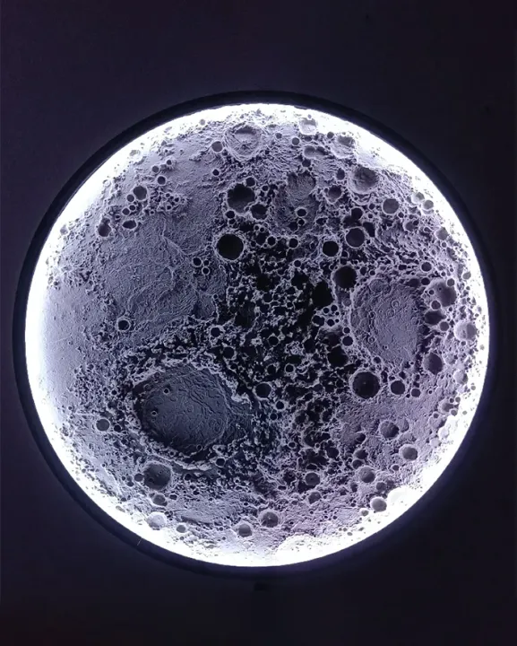 3D Printed Illuminated Moon Wall Lamp with Realistic Lunar Surface Data, COB LED Backlight, Light-Sealed Frame, and Custom Sizes (10-Inch & 20-Inch) for Modern Home Decor and Ambient Lighting