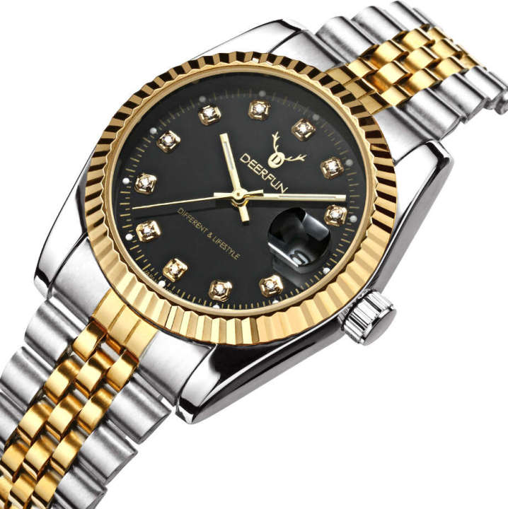 DEERFUN Classic Steel Strap Waterproof Business Non Mechanical Luxury Gold Diamond Shell Surface Watch