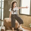 Teen Kids Girls Letter Sequin T-shirt Short Sleeve Tops Stripe Pants Outfits Set. 