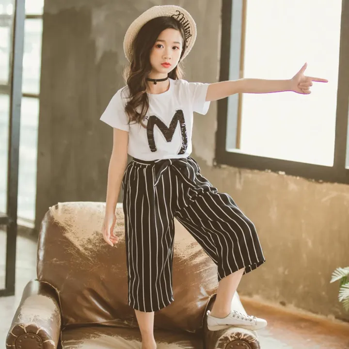 Teen%20Kids%20Girls%20Letter%20Sequin%20T-shirt%20Short%20Sleeve%20Tops%20Stripe%20Pants%20Outfits%20Set%20-%20Image%207