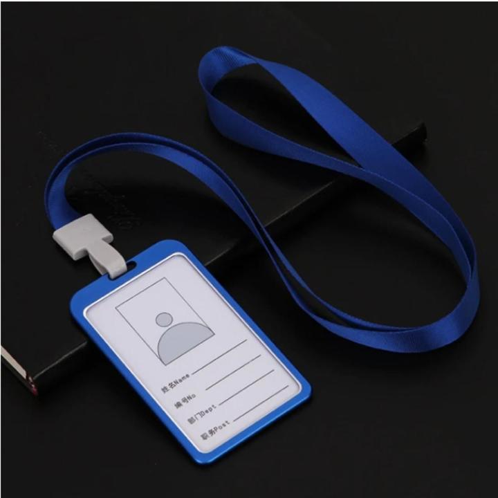 Aluminium Alloy Blue ID Card Holder with Lanyard Plastic Fastener Hanging Rope Employee Name ID Card Cover Metal Work Certificate Identity Badge ID Business Case