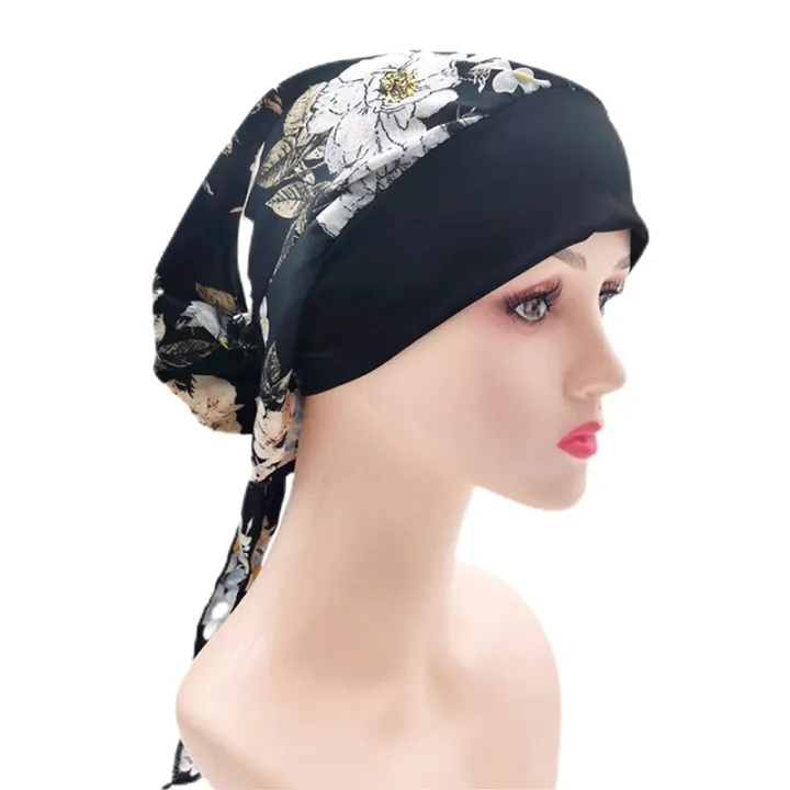 1PCS%20Women%20Muslim%20Flower%20Floral%20Print%20Hijab%20Hat%20Turban%20Cap%20Cover%20Hair%20Head%20Scarf%20Wrap%20Pre-Tied%20Headwear%20Black%20Strech%20Bandana%20-%20Image%203