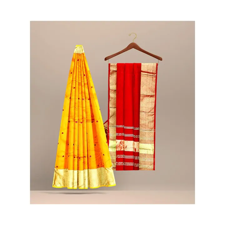 Tangail Tat Yellow & Red Combnation Color 12 Hand Halfsilk Saree for Women From Tangail Tant Saree Store