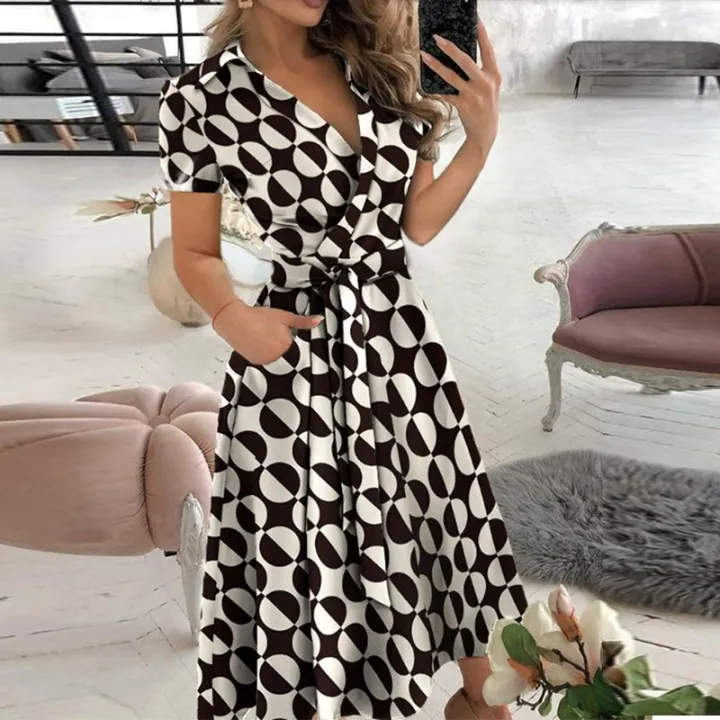 2021%20New%20Women%20Elegant%20V-Neck%20Midi%20Dresses%20Short%20Sleeve%20Lace%20Up%20Female%20Print%20Dress%20Summer%20Office%20Ladies%20Casual%20Chic%20Vestidos%20-%20Image%204
