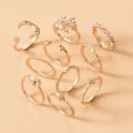 10Pcs/Set Trendy Sweet Crystal Leaf Flower Moon Star Opening Heart Rings Bohemian Women Rhinestone Jewelry Fashion Geometric Rings Set. 