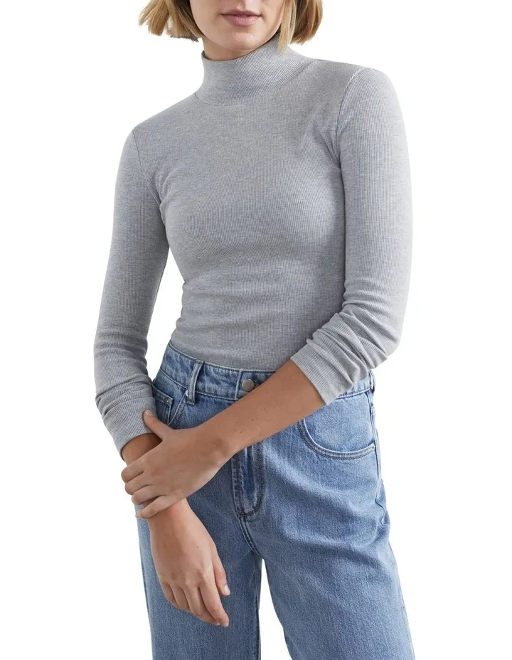 Full Sleeve Cotton High Neck T-Shirt for Women Grey