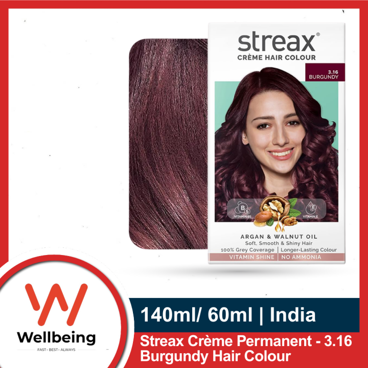 Streax Creme Permanent - 3.16 Burgundy Hair Colour- 140ml/ 60ml, 100% Grey Coverage, Ammonia Free, Long Lasting For Women