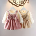 (0-2 years old) Newborn New Winter Baby Girls Dress Halter Bow Long Sleeve Lace Sweet Princess Dress Lace Pleated A-line Dress. 