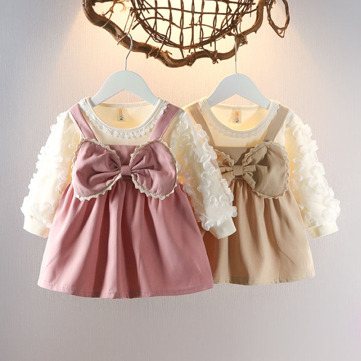 (0-2 years old) Newborn New Winter Baby Girls Dress Halter Bow Long Sleeve Lace Sweet Princess Dress Lace Pleated A-line Dress