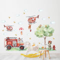 Cartoon A GrouCartoon Animal Fireman Helicopter Fire Truck Wall Stickers for Kids Room Bedroom Nursery Decoration Wall Decals.