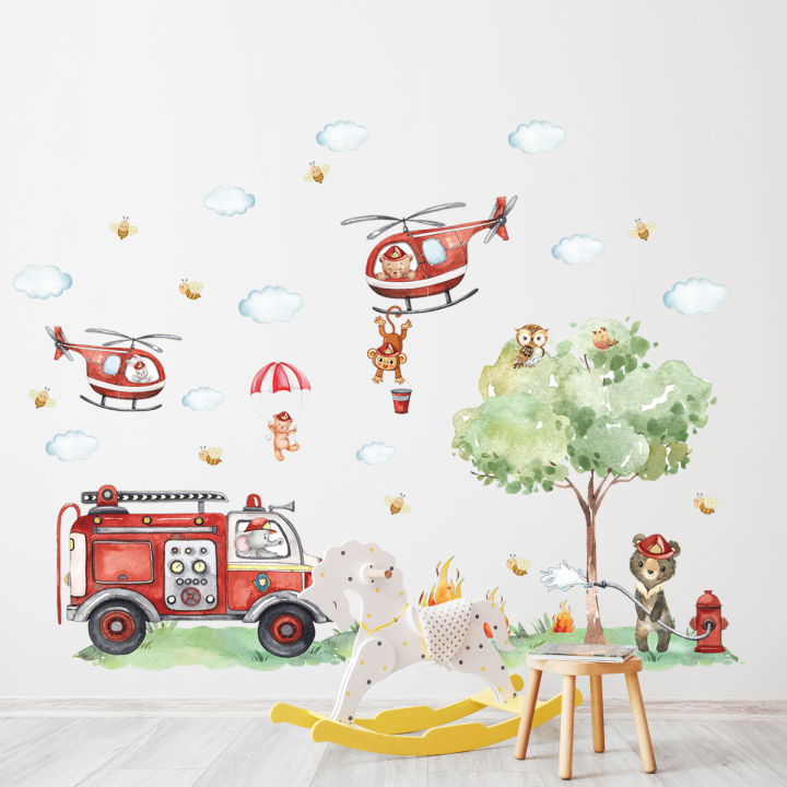 Cartoon%20A%20GrouCartoon%20Animal%20Fireman%20Helicopter%20Fire%20Truck%20Wall%20Stickers%20for%20Kids%20Room%20Bedroom%20Nursery%20Decoration%20Wall%20Decals%20-%20Image%202
