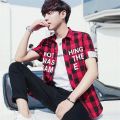 Summer SpringinsHong Kong Style Loose Couple Student Plaid Shirt Men's Korean Style Stylish Red Shirt Coat.