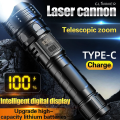 White Laser LED Flashlight 800mAh 10W Rechargeable 3000 Lumens with Digital Display, Zoom & Multi-Mode Outdoor Torch. 