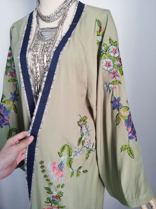 TEELYNN%20Long%20Boho%20Cardigan%20Light%20Green%20Floral%20Embroidery%20Beach%20Bikini%20Cover%20Up%20Kaftan%20Kimono%20Robe%20Summer%20Loose%20Women%20Blouses%20-%20Image%208