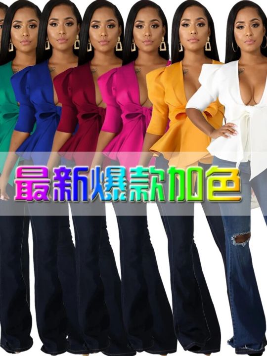 Women%20Peplum%20Blouse%20Tops%20with%20Waist%20Belt%20Bowtie%20Half%20Sleeves%20Deep%20V%20Neck%20Party%20Clubwear%20Night%20Date%20Out%20Evening%20Bluas%20Ladies%20-%20Image%204