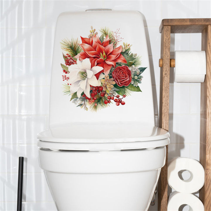 GC PVC Self-Adhesive Toilet Lid Stickers Waterproof Lightweight Christmas Flower Patterns Bathroom Toilet Seat Wall Sticker (30x30cm)