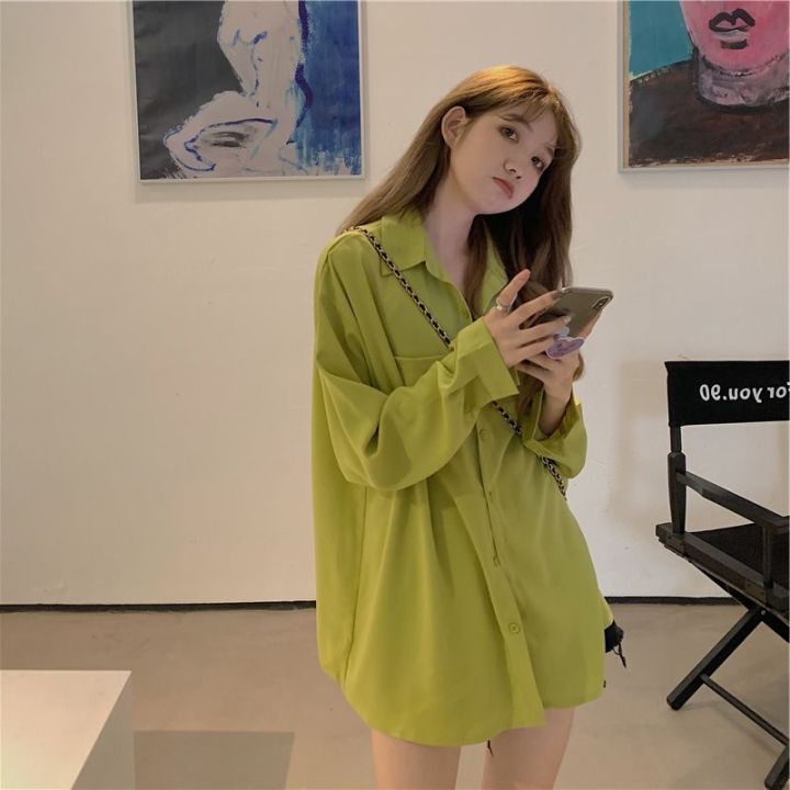 Avocado Green Shirt Women's Spring Thin Jacket for Summer Idle Style Sun Protection Shirt Loose Chic Chiffon Top