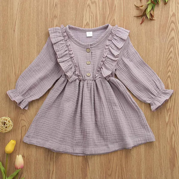 Baby%20Girls%20Solid%20Cotton%20Crepe%20Dress%20Soft%20Fabric%20Long%20Sleeve%20Ruffle%20Party%20Casual%20Toddler%20Outfit%20Comfortable%20Kids%20Clothing%20-%20Image%203