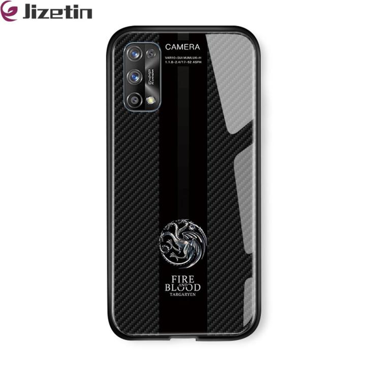 Jizetin for Realme 7 Pro Glass Back Cover Dargon Logo For Boys Glossy Tempered Glass Shockproof Soft Edge Phone Cases