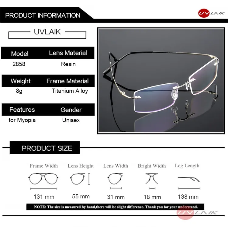 UVLAIK Flexible Alloy Titanium Glasses Frames Men Business Rimless