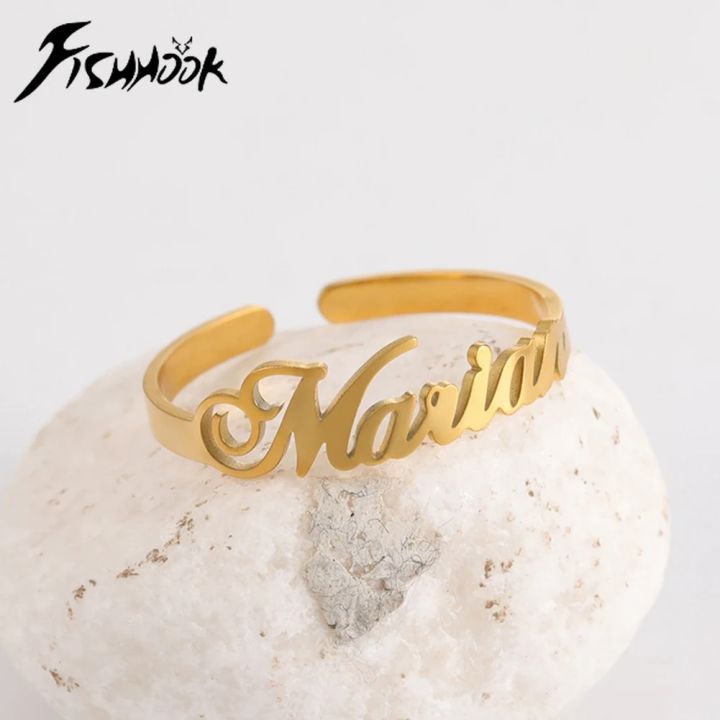 Fishhook Custom Name Finger Ring Personalized Couple Family Gift For Women Mother Men Gold Color Stainless Steel Fashion Jewelry Sarcasmsm