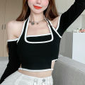 Jumperjuser-Female Crop Tops, Off Shoulder Long Sleeve Fake Two Pieces T-Shirt Blouse for Spring Summer, Gray/Black.